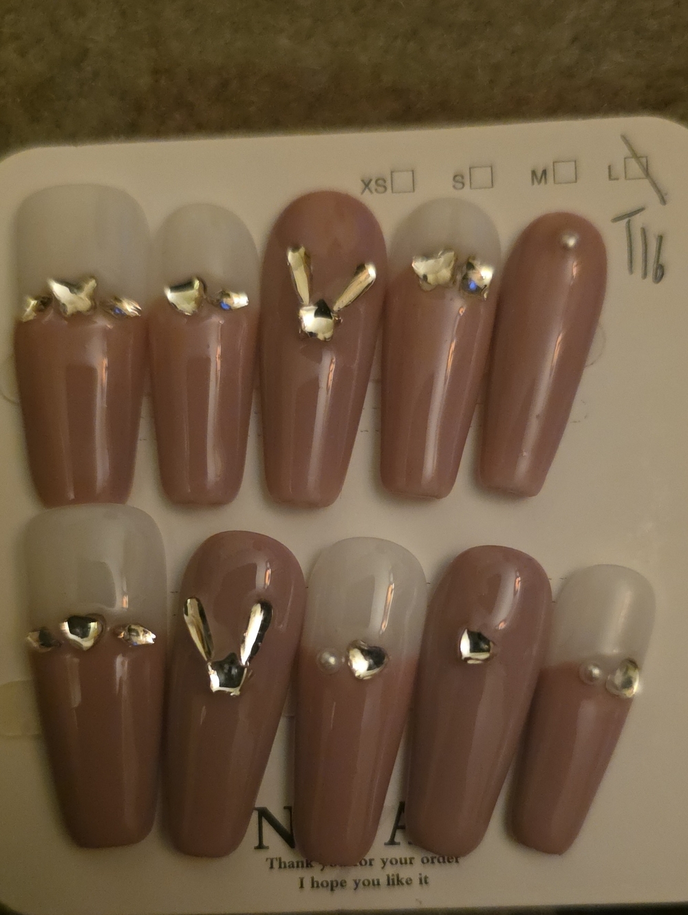 Taupe Nude Press-On Nails with Silver Accents Size Large